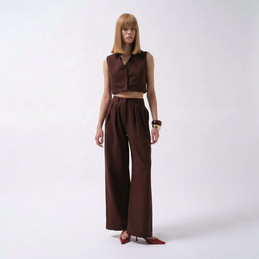 Elegante, braune Plissee-Palazzohose mitweitem Bein