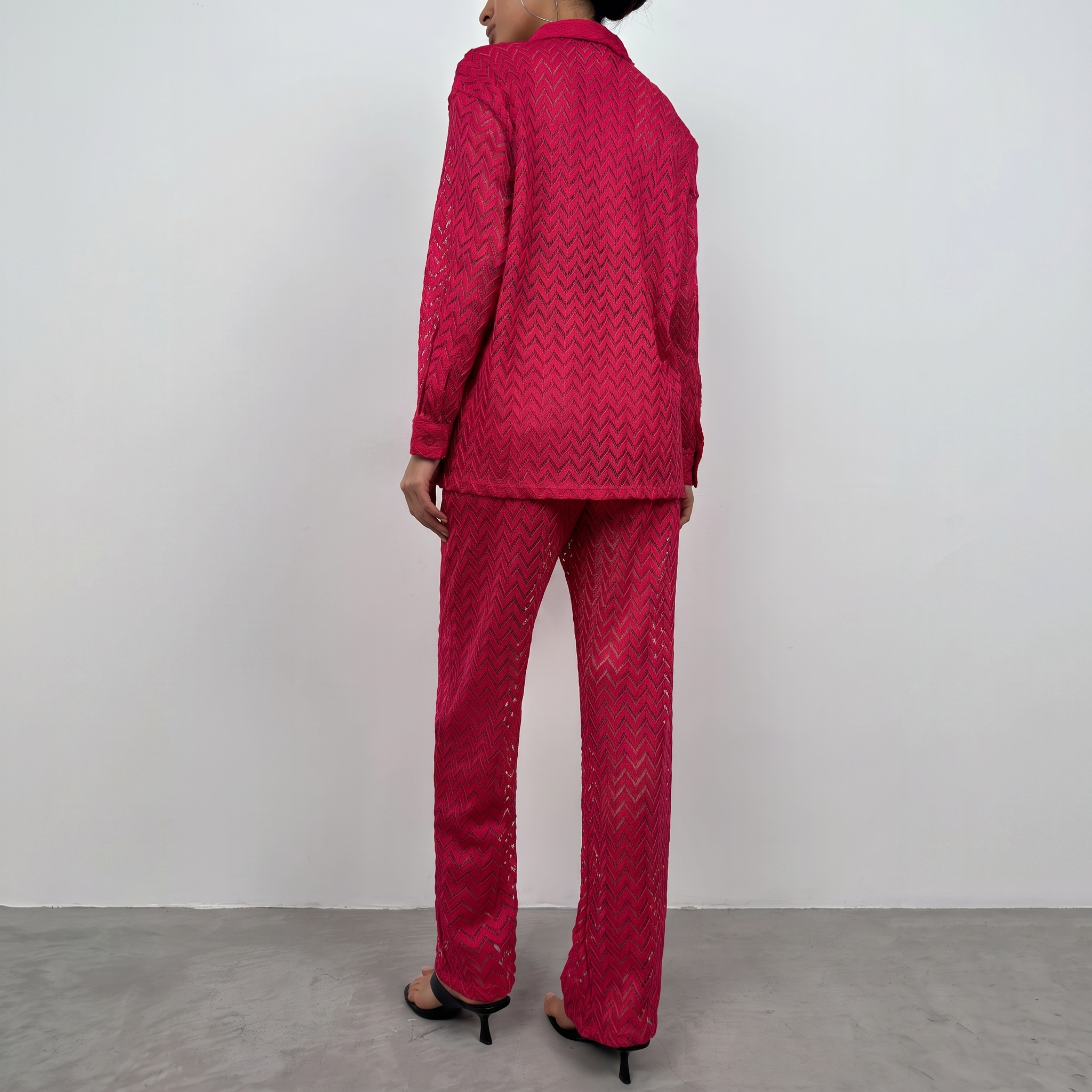Rotes Chevron-Häkelstrick Palazzo-Hemd und Hosen Set