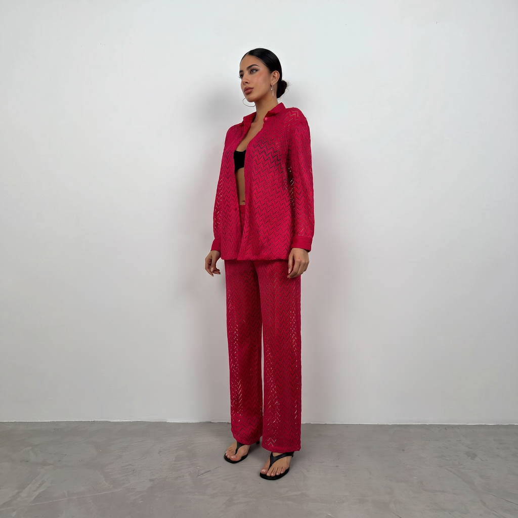 Rotes Chevron-Häkelstrick Palazzo-Hemd und Hosen Set
