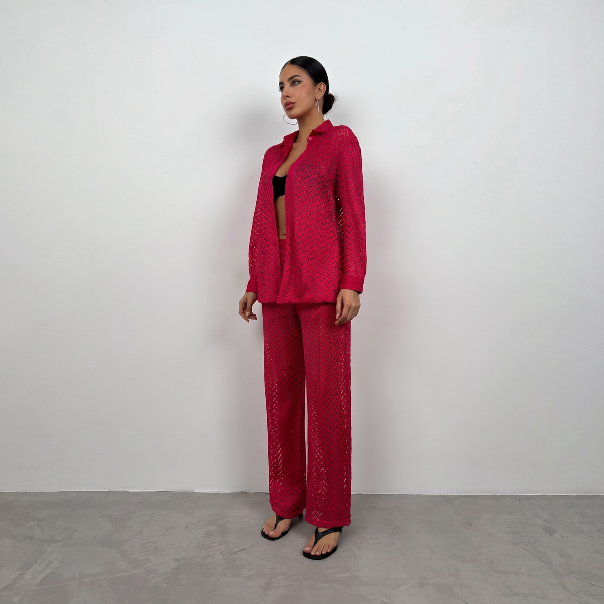 Rotes Chevron-Häkelstrick Palazzo-Hemd und Hosen Set