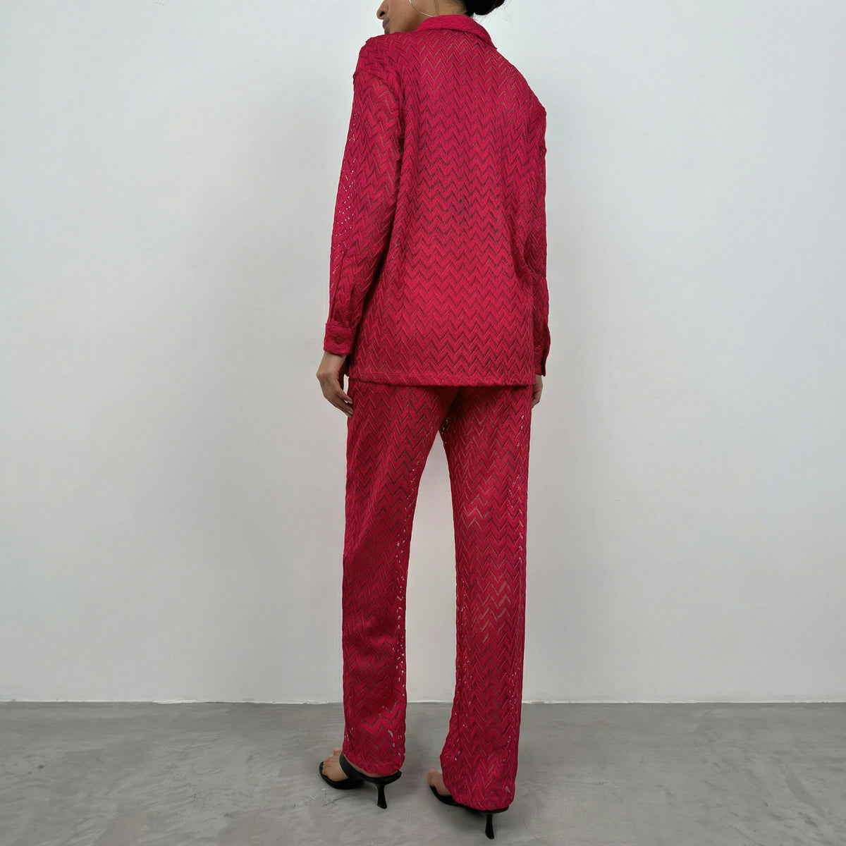 Rotes Chevron-Häkelstrick Palazzo-Hemd und Hosen Set
