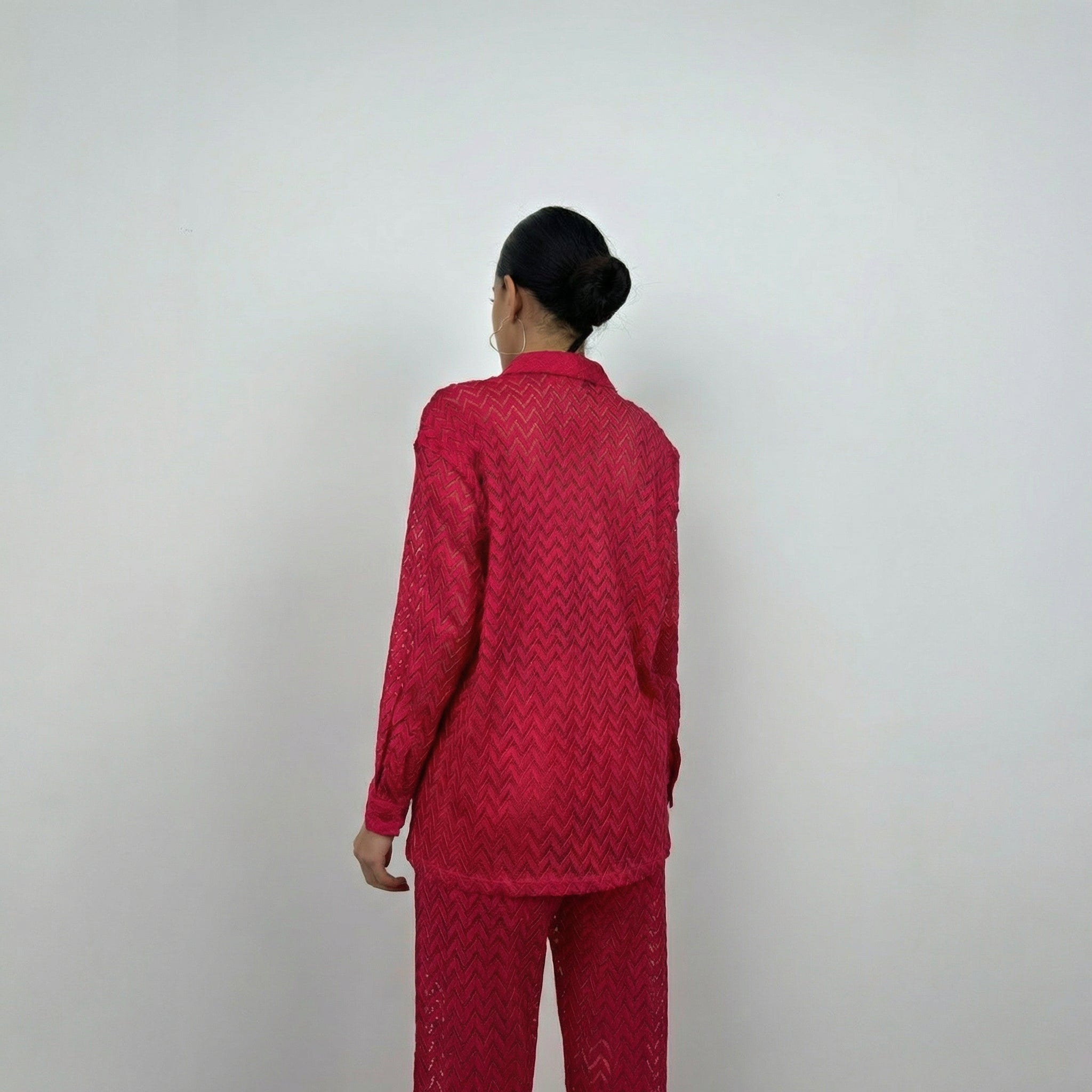 Rotes Chevron-Häkelstrick Palazzo-Hemd und Hosen Set