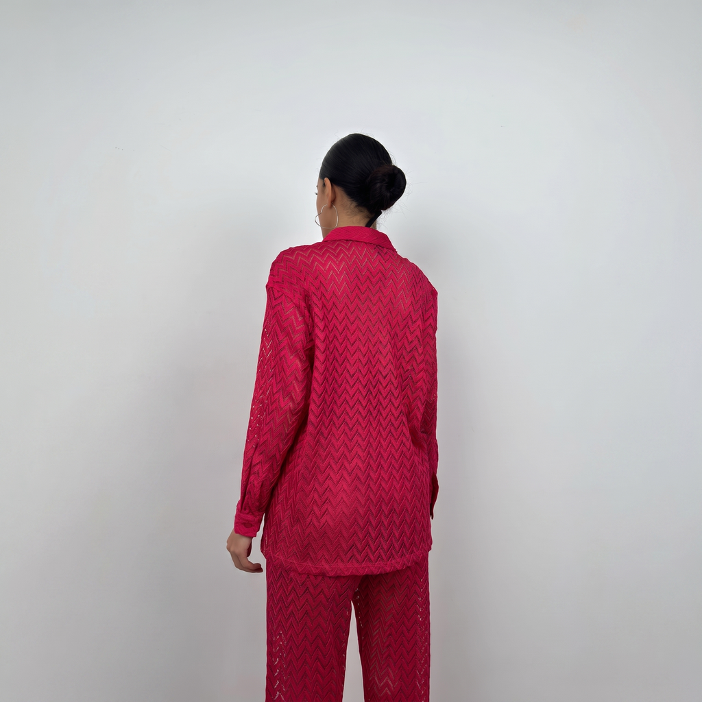 Rotes Chevron-Häkelstrick Palazzo-Hemd und Hosen Set