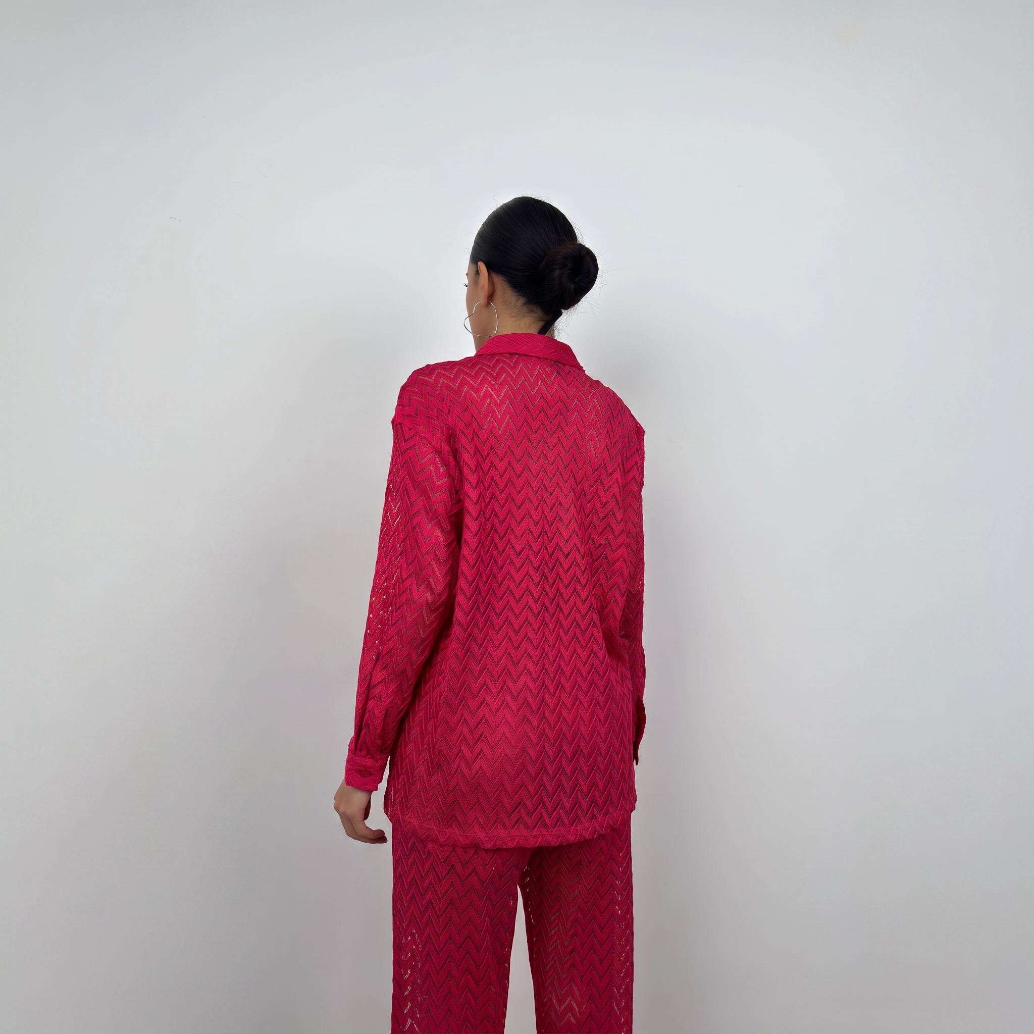 Rotes Chevron-Häkelstrick Palazzo-Hemd und Hosen Set