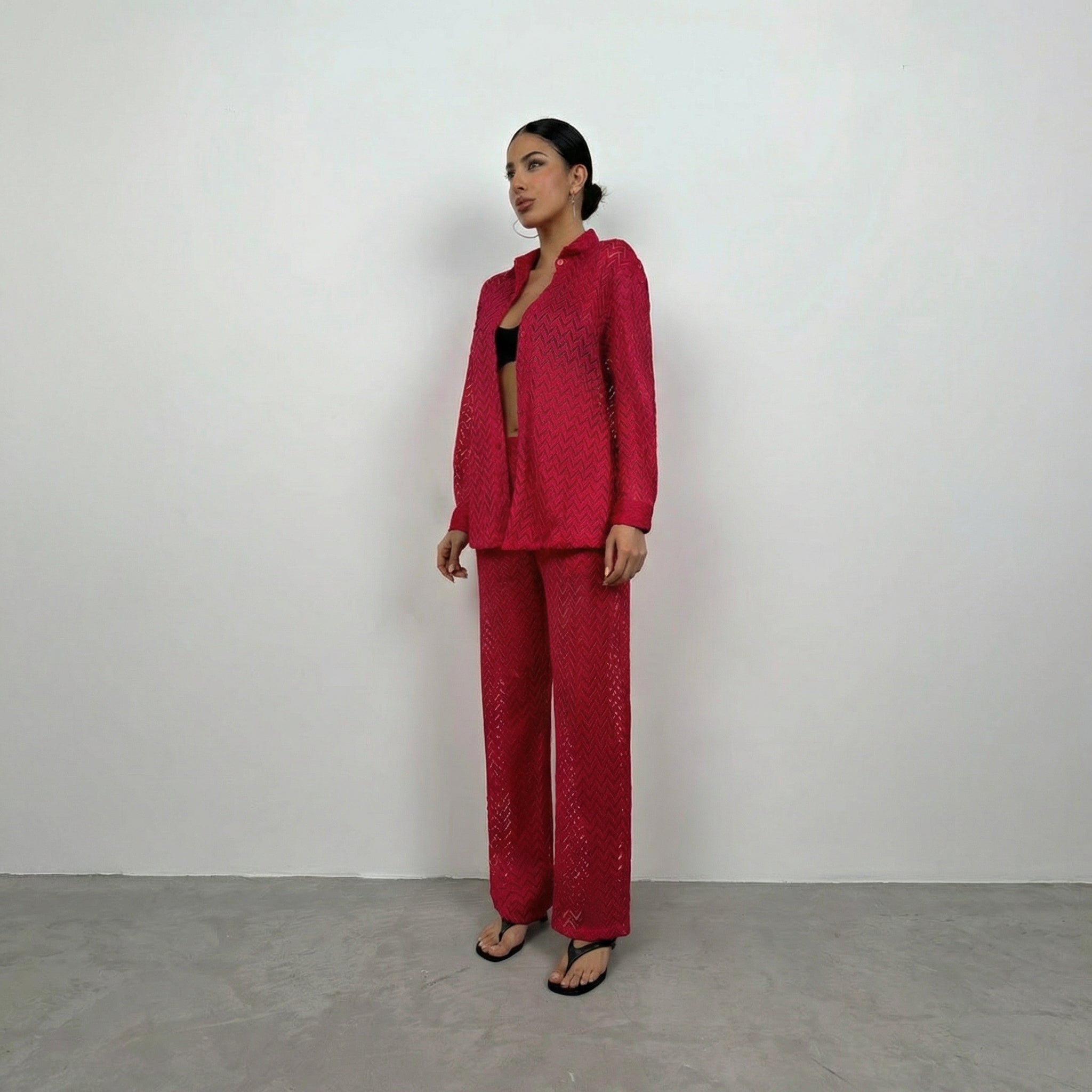 Rotes Chevron-Häkelstrick Palazzo-Hemd und Hosen Set