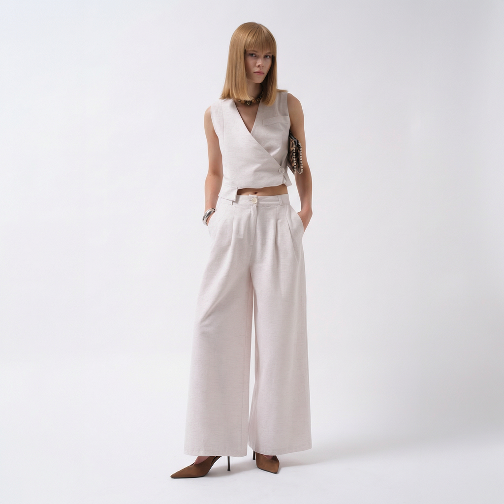 Elegante, weite Palazzo-Hose in Ecrú mit Bundfalten