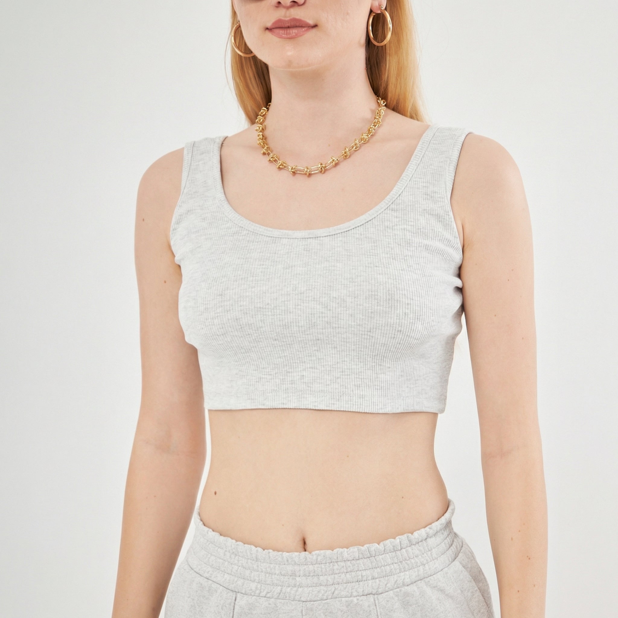 Nena Ribbed Knit Strappy Crop Top in Grey Melange