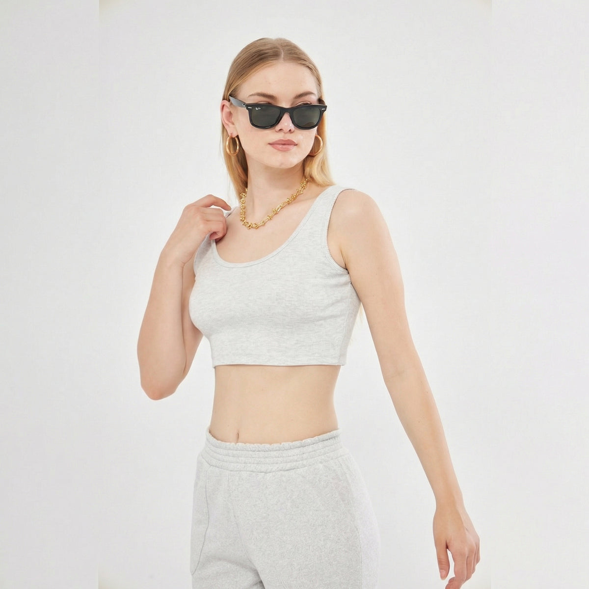 Nena Ribbed Knit Strappy Crop Top in Grey Melange