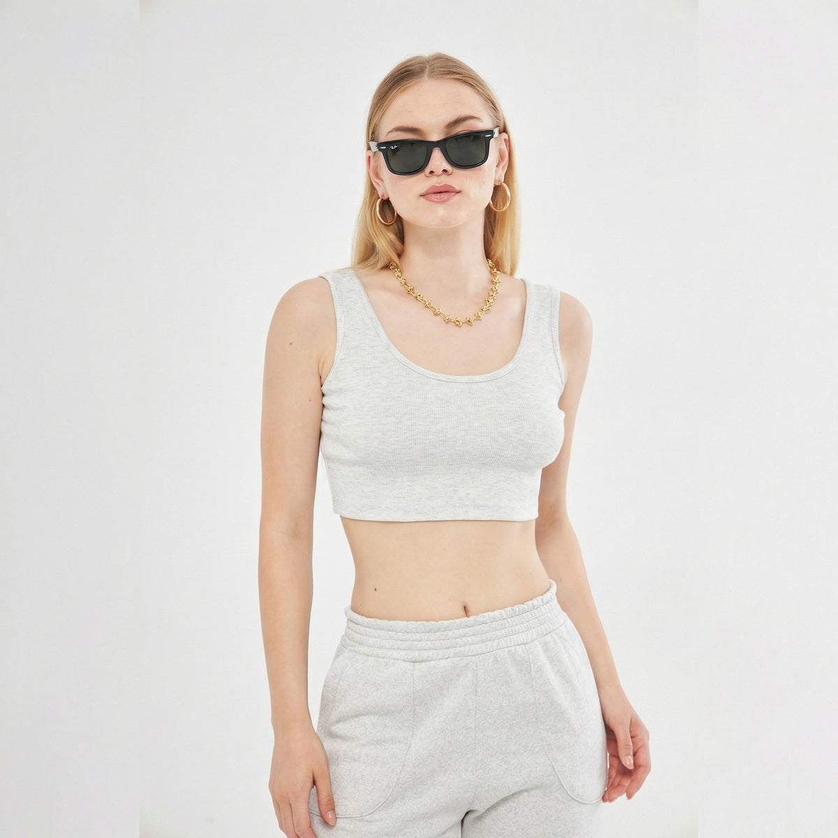 Nena Ribbed Knit Strappy Crop Top in Grey Melange