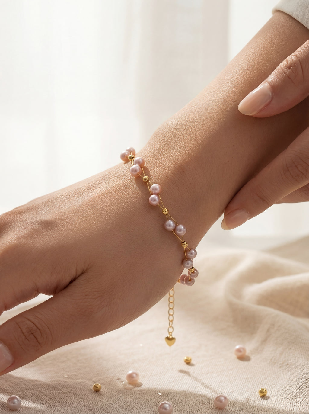 Pearl bracelet on a wrist with a soft background