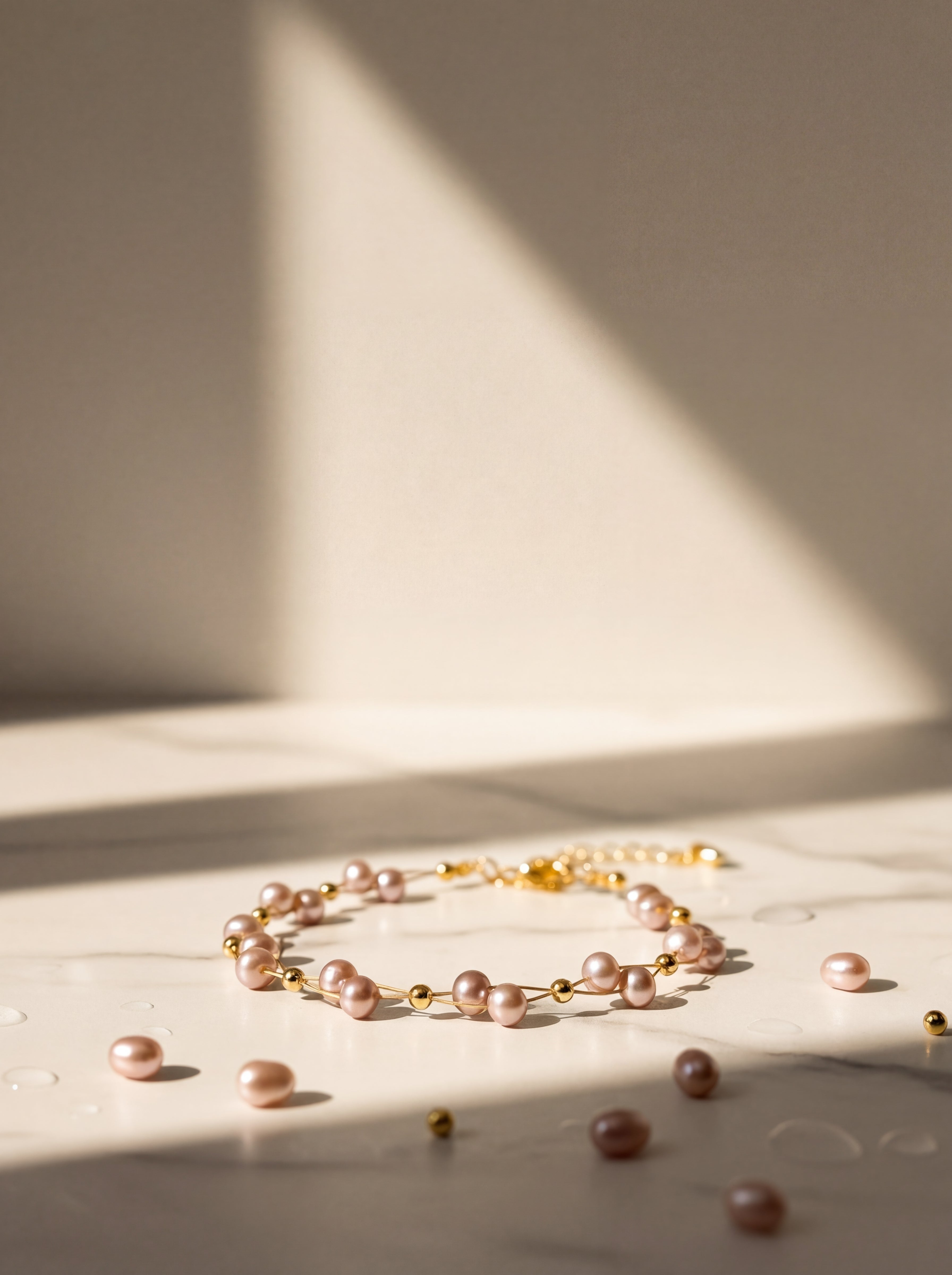 Pearl bracelet with gold accents on a light surface with soft shadows
