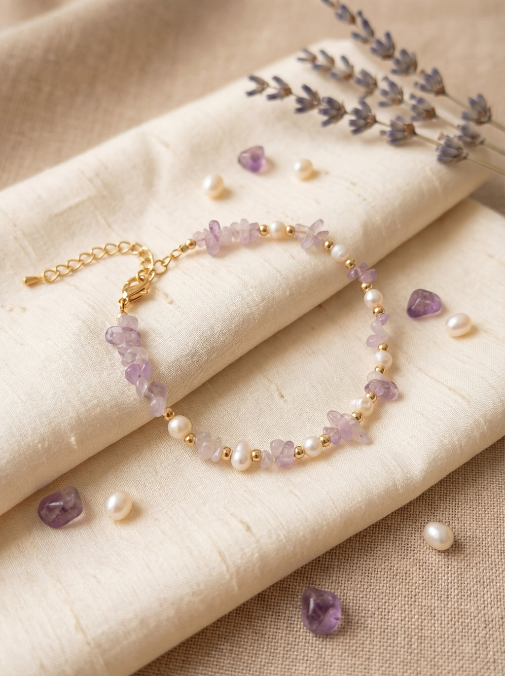 Delicate bracelet with purple and white beads on a beige fabric background