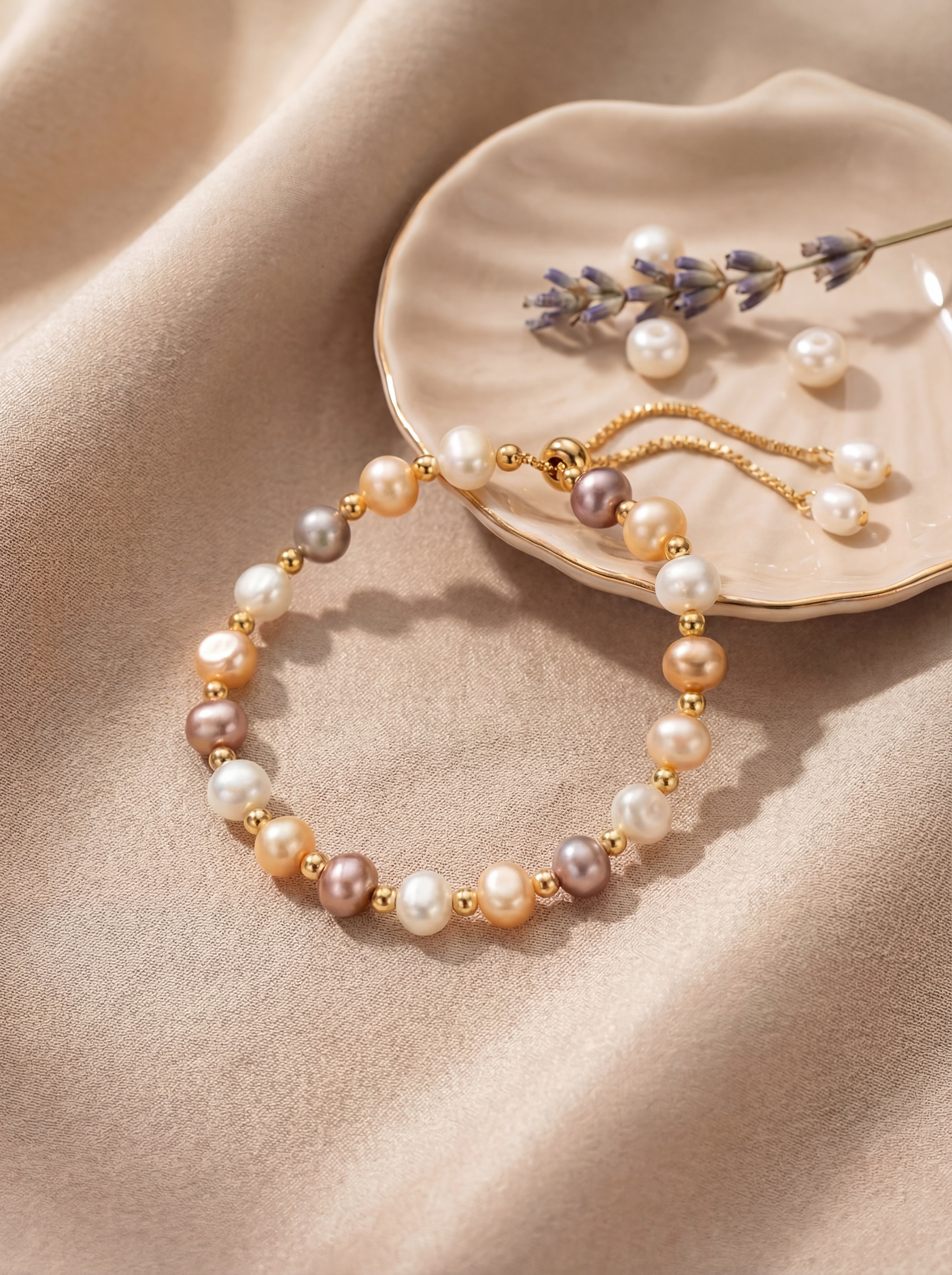 Pearl bracelet with gold accents on a beige fabric background