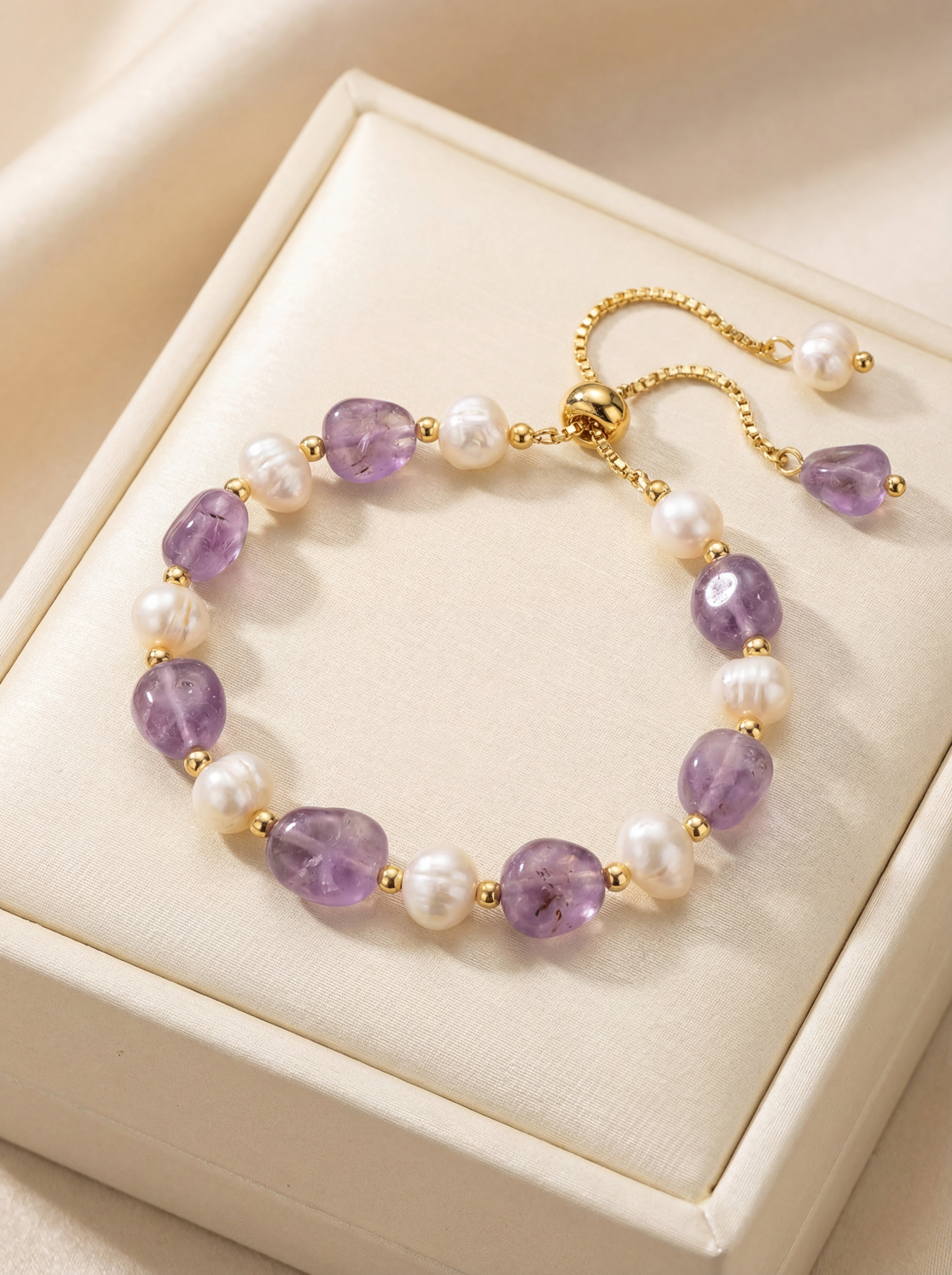Bracelet with purple and white beads on a beige jewelry box