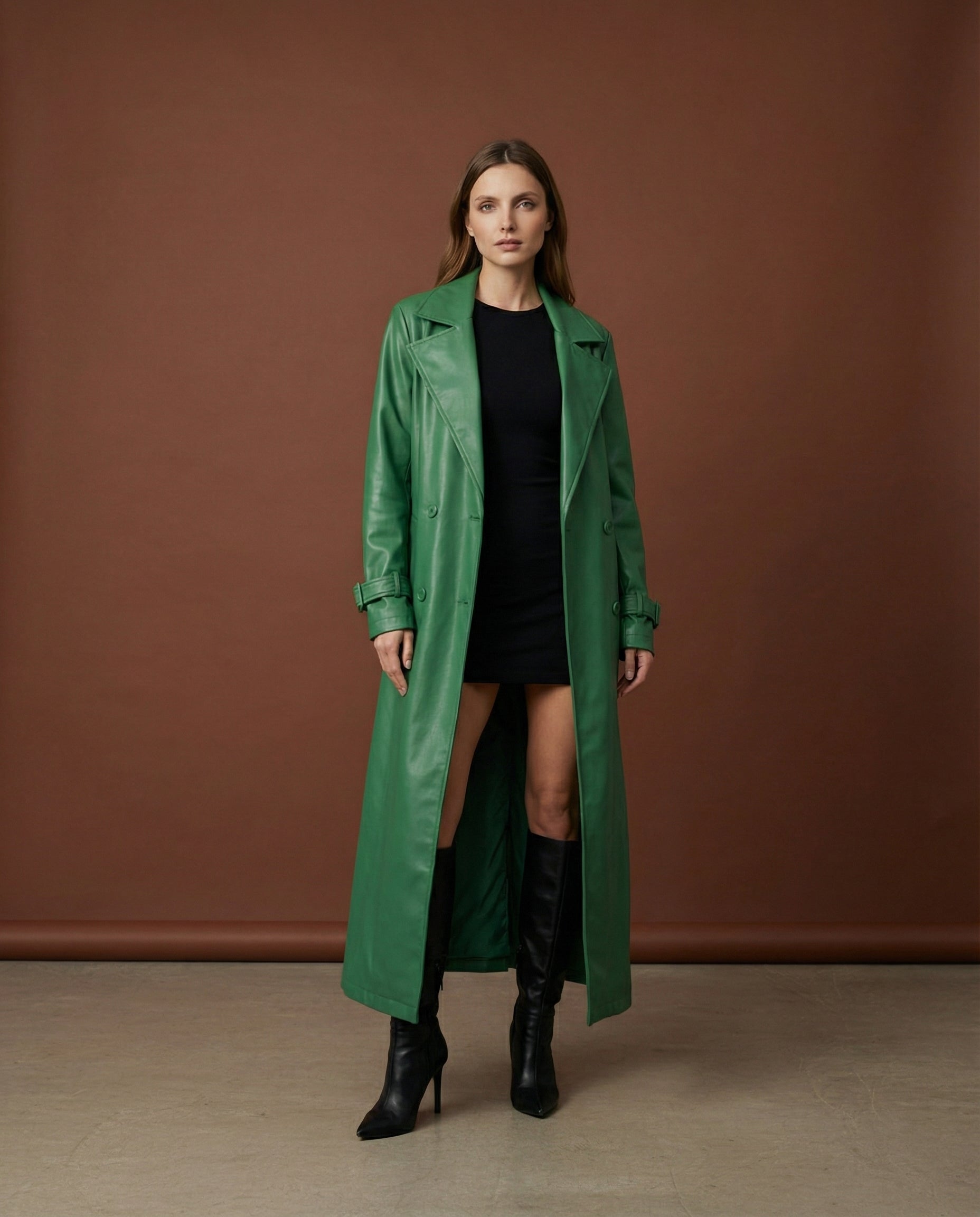 "Emerald Aura" Faux Leather Trenchcoat - Elegant Single-Breasted Long Coat