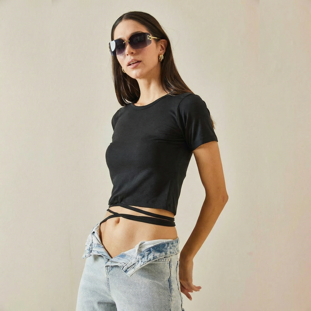 Black Crew Neck Crop T-Shirt with Waist Tie Lace-Up Detail