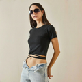 Black Crew Neck Crop T-Shirt with Waist Tie Lace-Up Detail