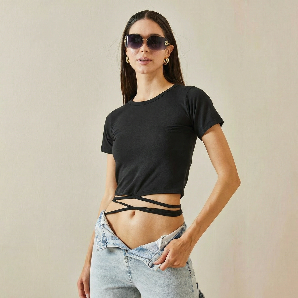 Black Crew Neck Crop T-Shirt with Waist Tie Lace-Up Detail