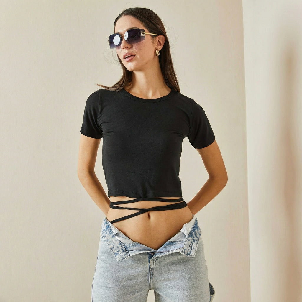 Black Crew Neck Crop T-Shirt with Waist Tie Lace-Up Detail