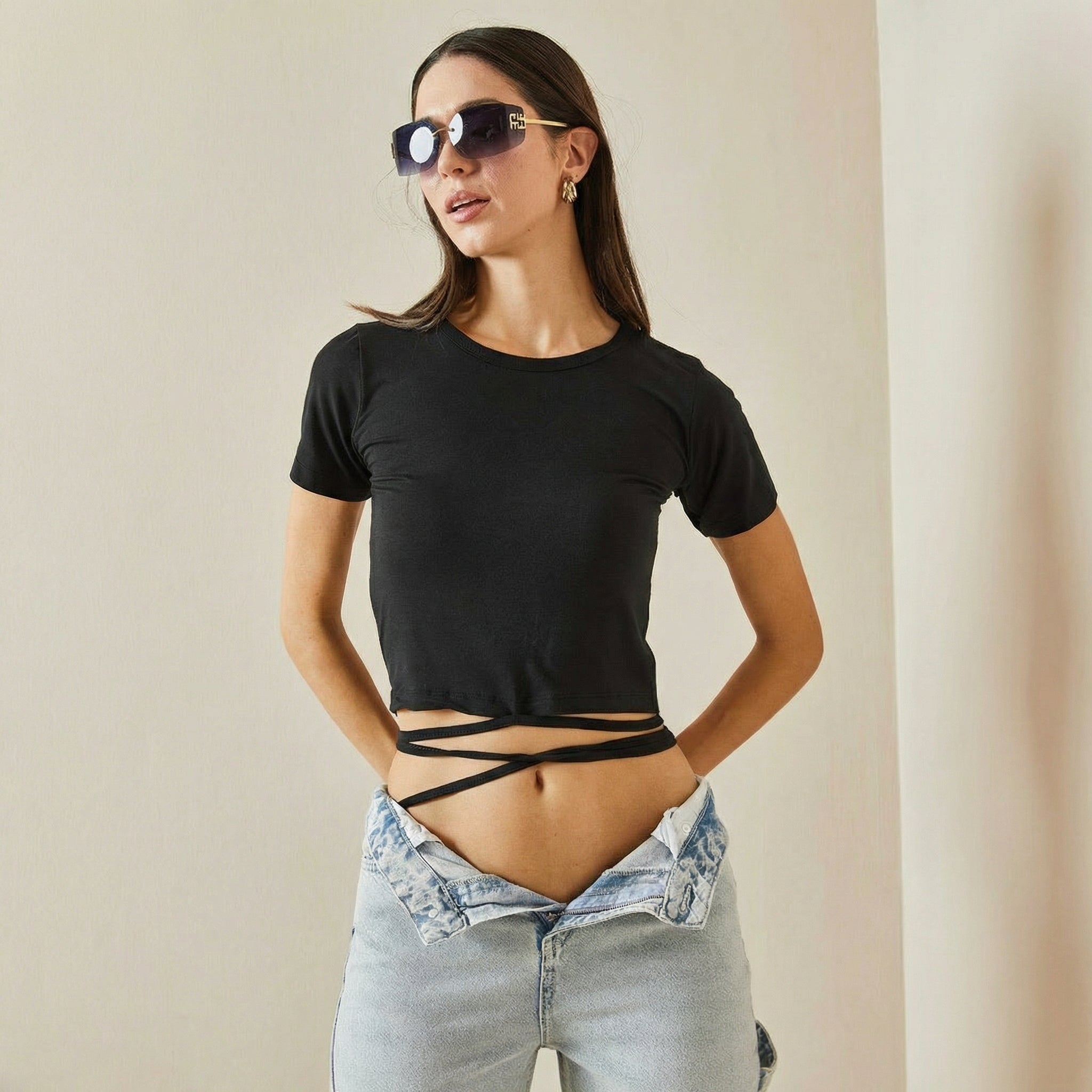 Black Crew Neck Crop T-Shirt with Waist Tie Lace-Up Detail