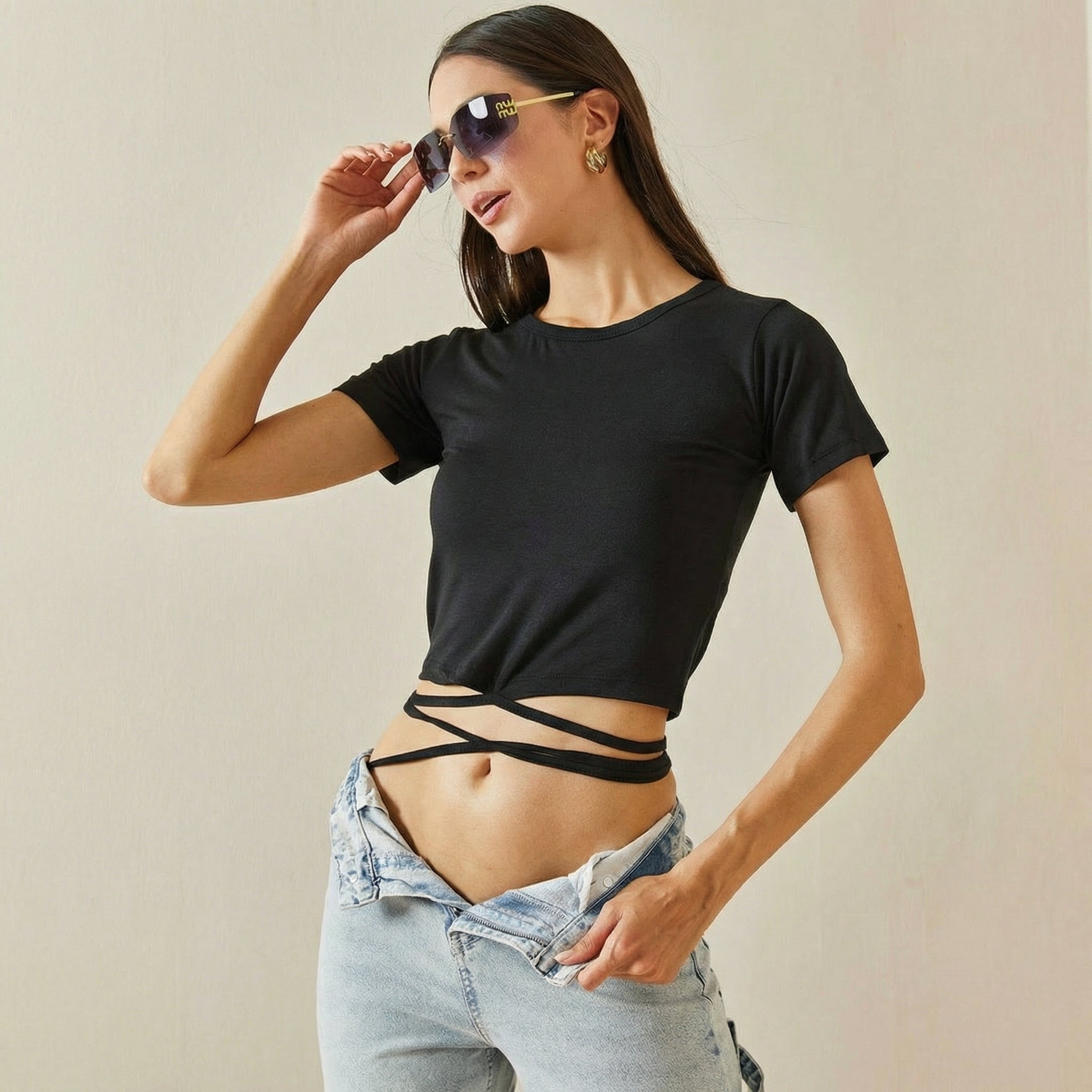 Black Crew Neck Crop T-Shirt with Waist Tie Lace-Up Detail