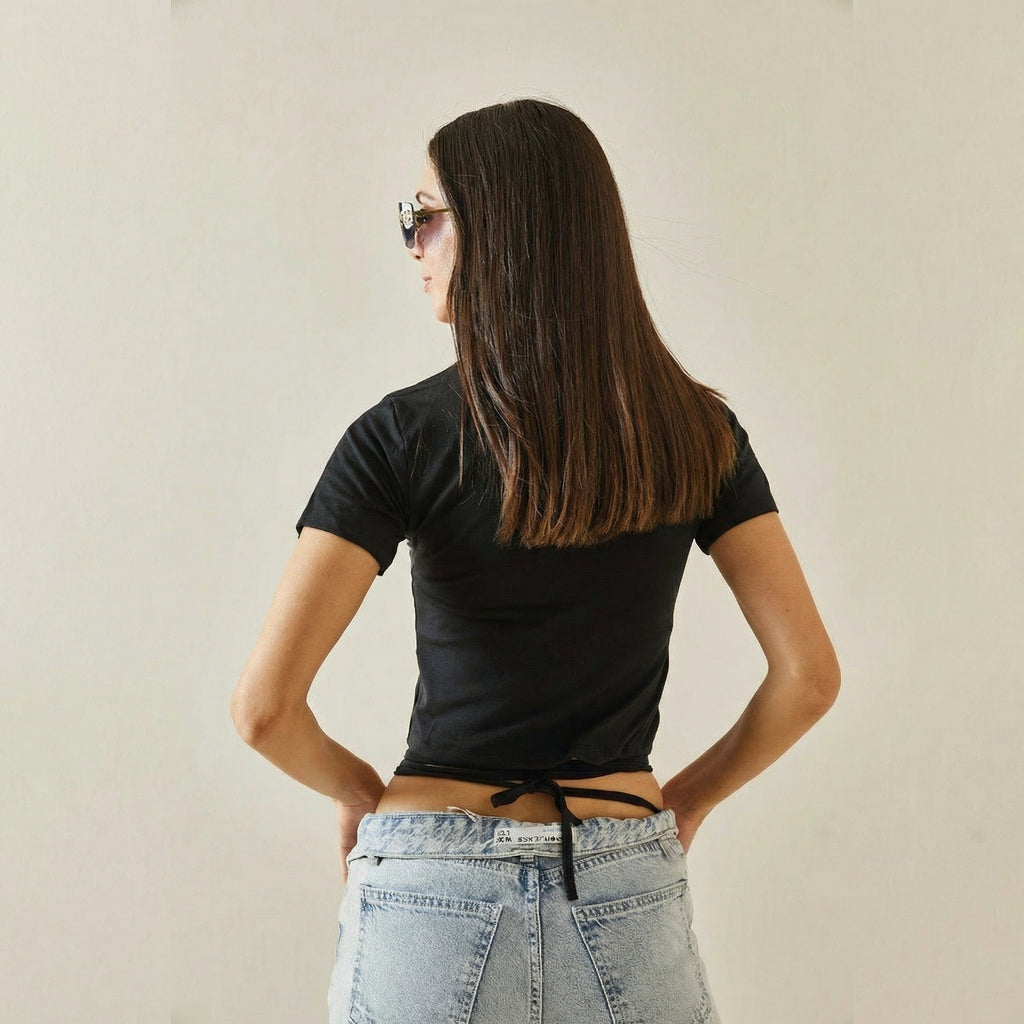 Black Crew Neck Crop T-Shirt with Waist Tie Lace-Up Detail