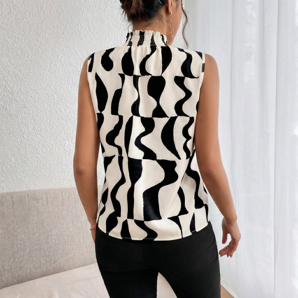 Abstract Print Sleeveless High Neck Blouse in Black & White
