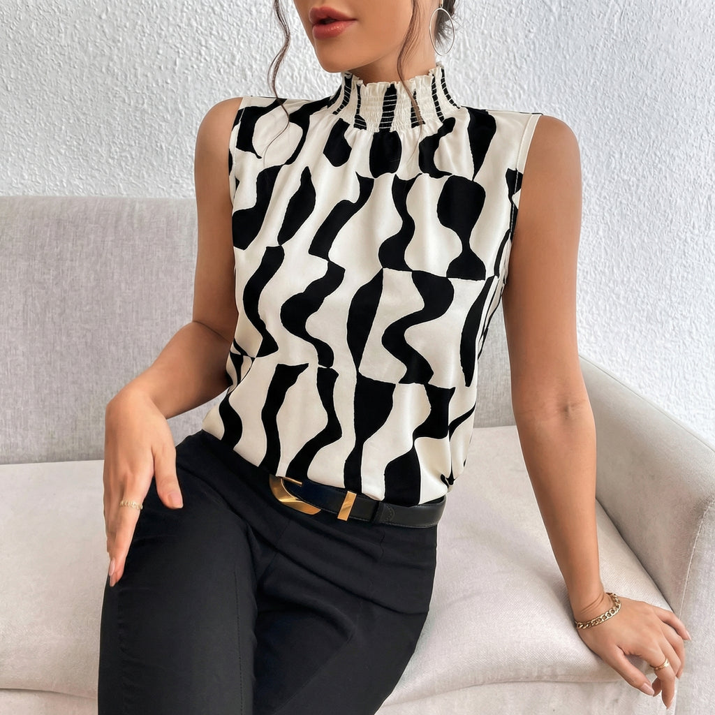 Abstract Print Sleeveless High Neck Blouse in Black & White
