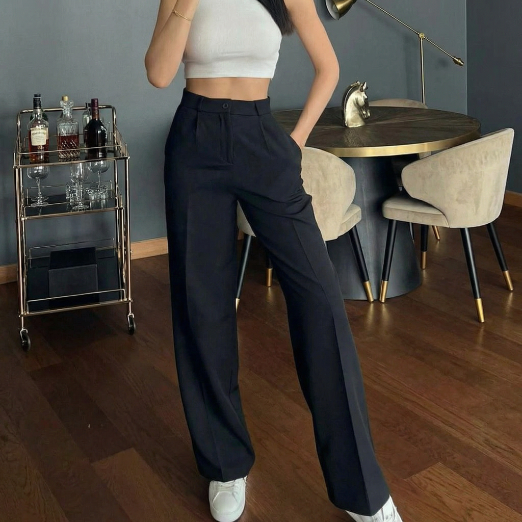 Klassische, taillierte High-Waist-Hose in Schwarz mit weitem Bein