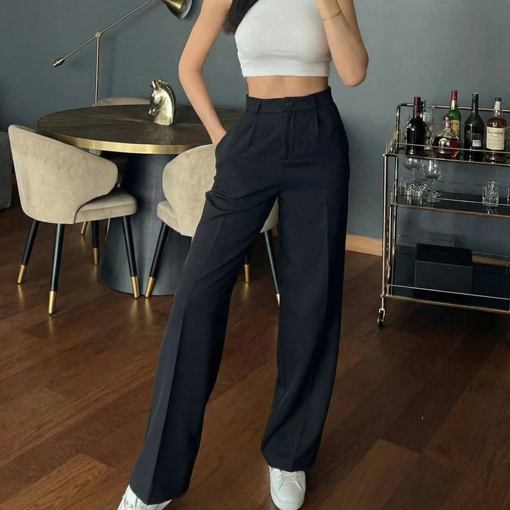 Klassische, taillierte High-Waist-Hose in Schwarz mit weitem Bein