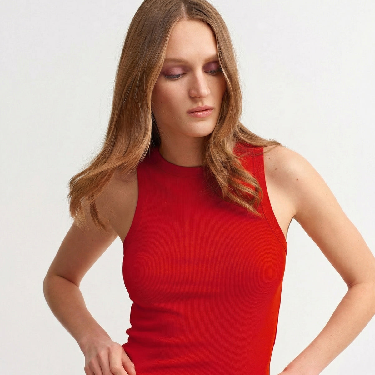 Red Ribbed Halter Neck Knitted Vest Top