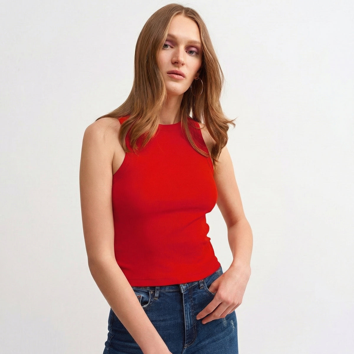 Red Ribbed Halter Neck Knitted Vest Top