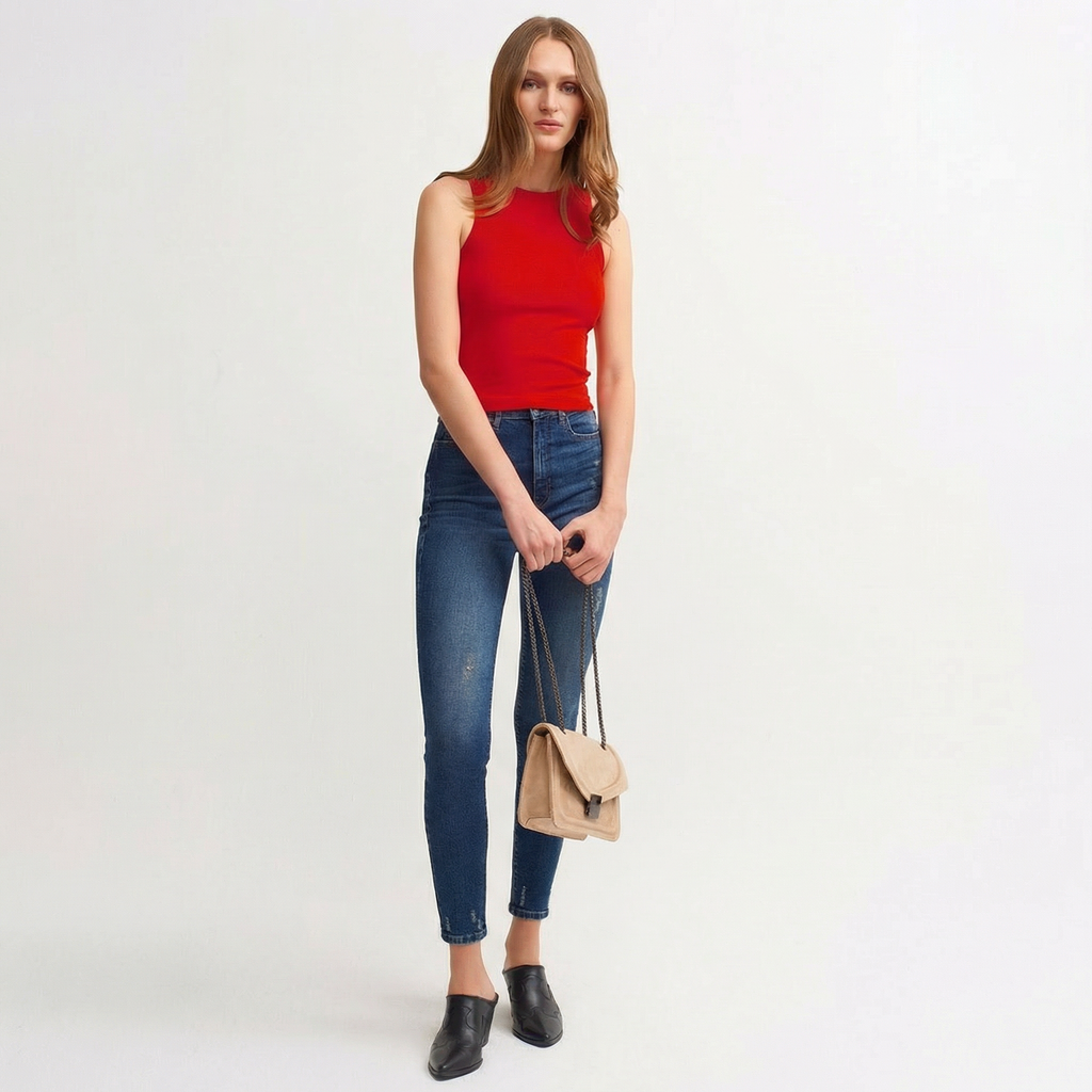 Red Ribbed Halter Neck Knitted Vest Top