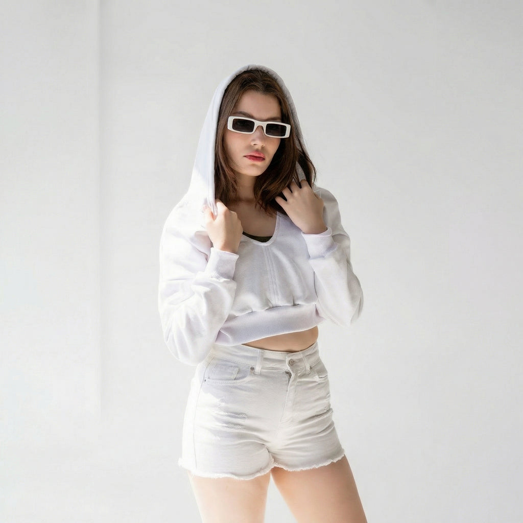 Weißer V-Ausschnitt Cropped Kapuzensweatshirt