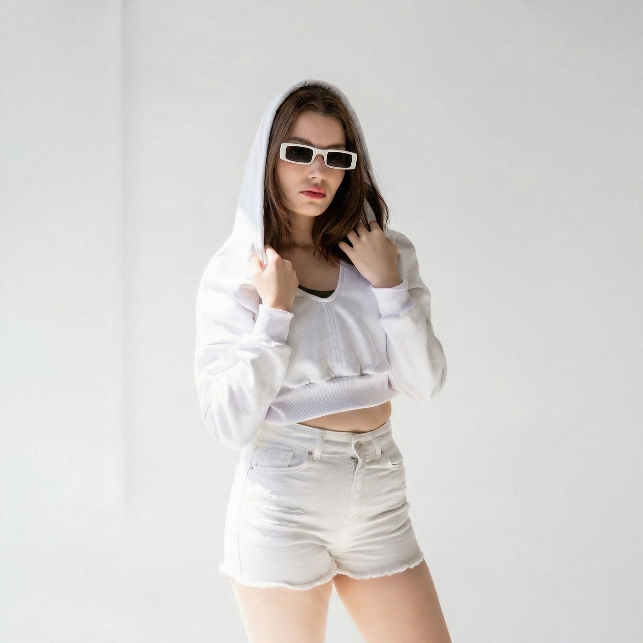 Weißer V-Ausschnitt Cropped Kapuzensweatshirt