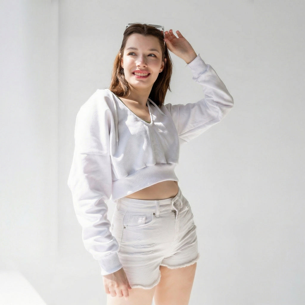 Weißer V-Ausschnitt Cropped Kapuzensweatshirt