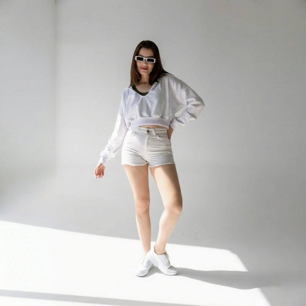 Weißer V-Ausschnitt Cropped Kapuzensweatshirt