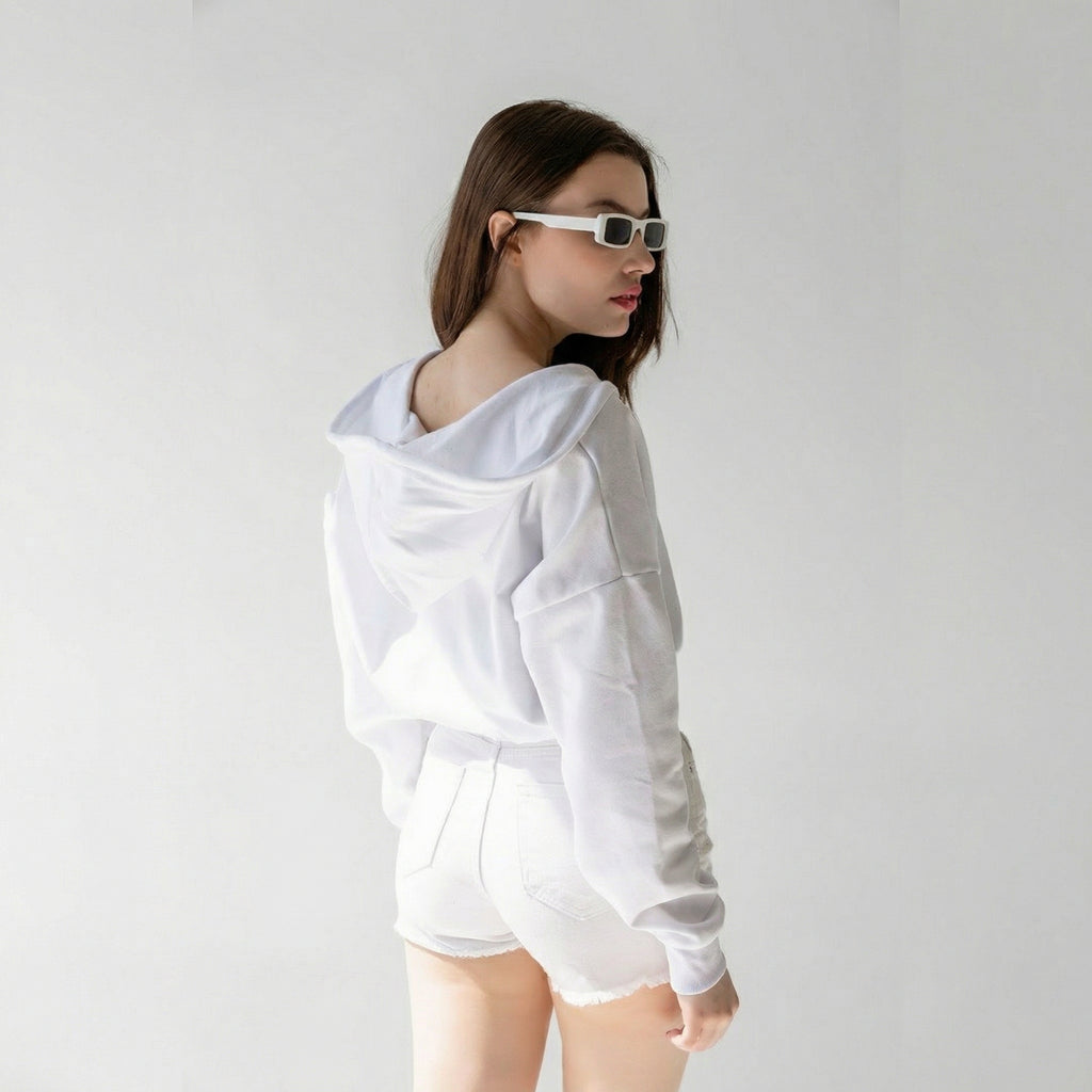 Weißer V-Ausschnitt Cropped Kapuzensweatshirt
