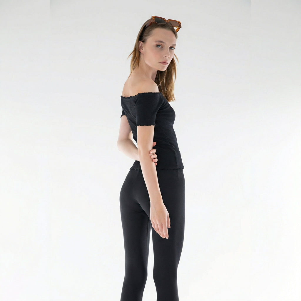 Black Knitted Carmen Collar Off-the-Shoulder Crop Blouse