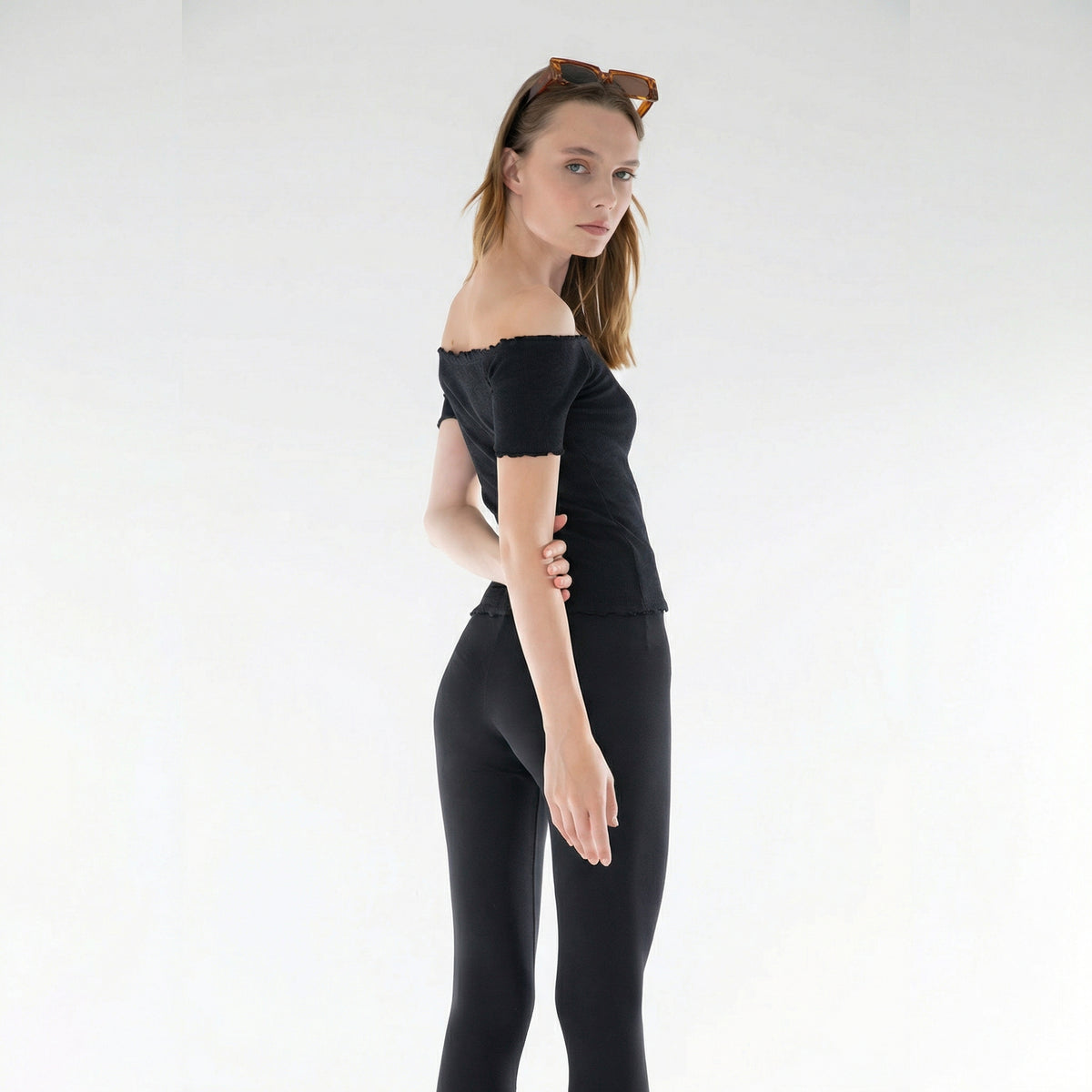 Black Knitted Carmen Collar Off-the-Shoulder Crop Blouse