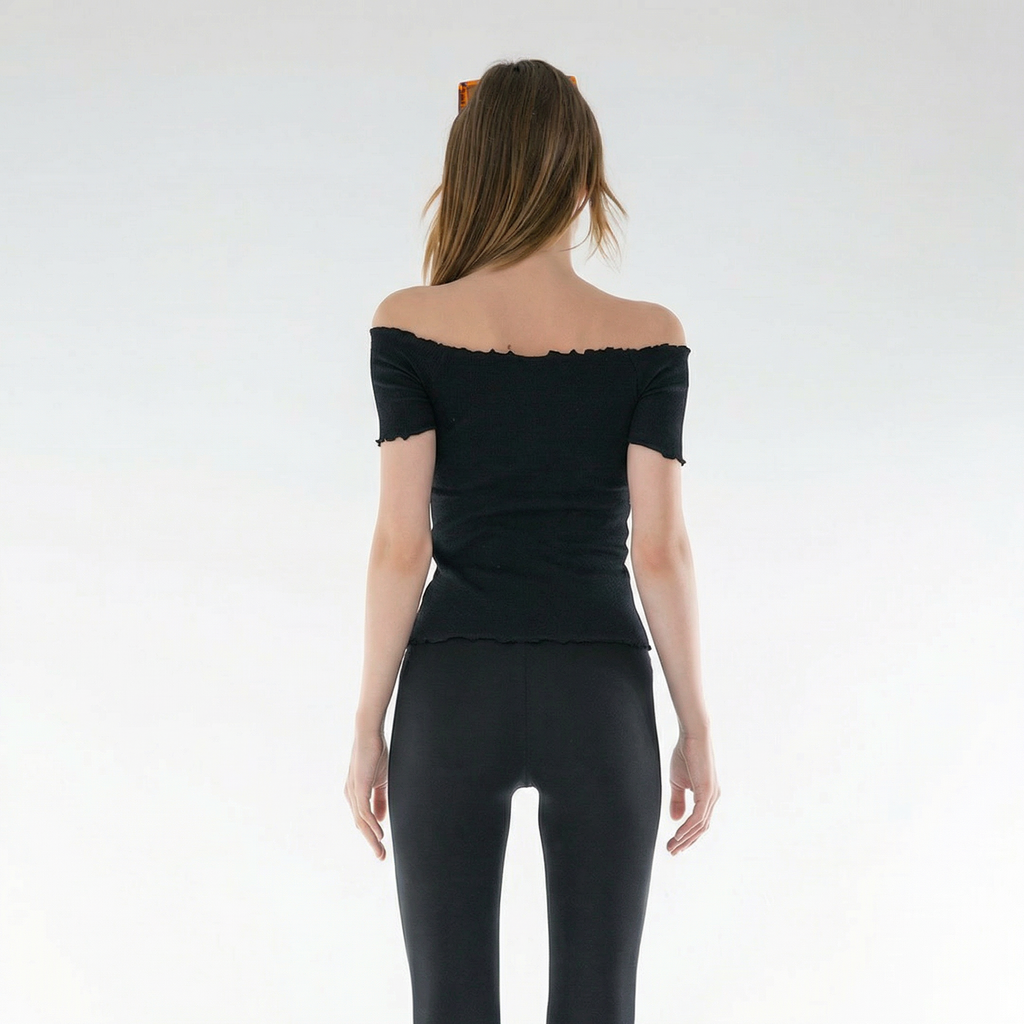 Black Knitted Carmen Collar Off-the-Shoulder Crop Blouse