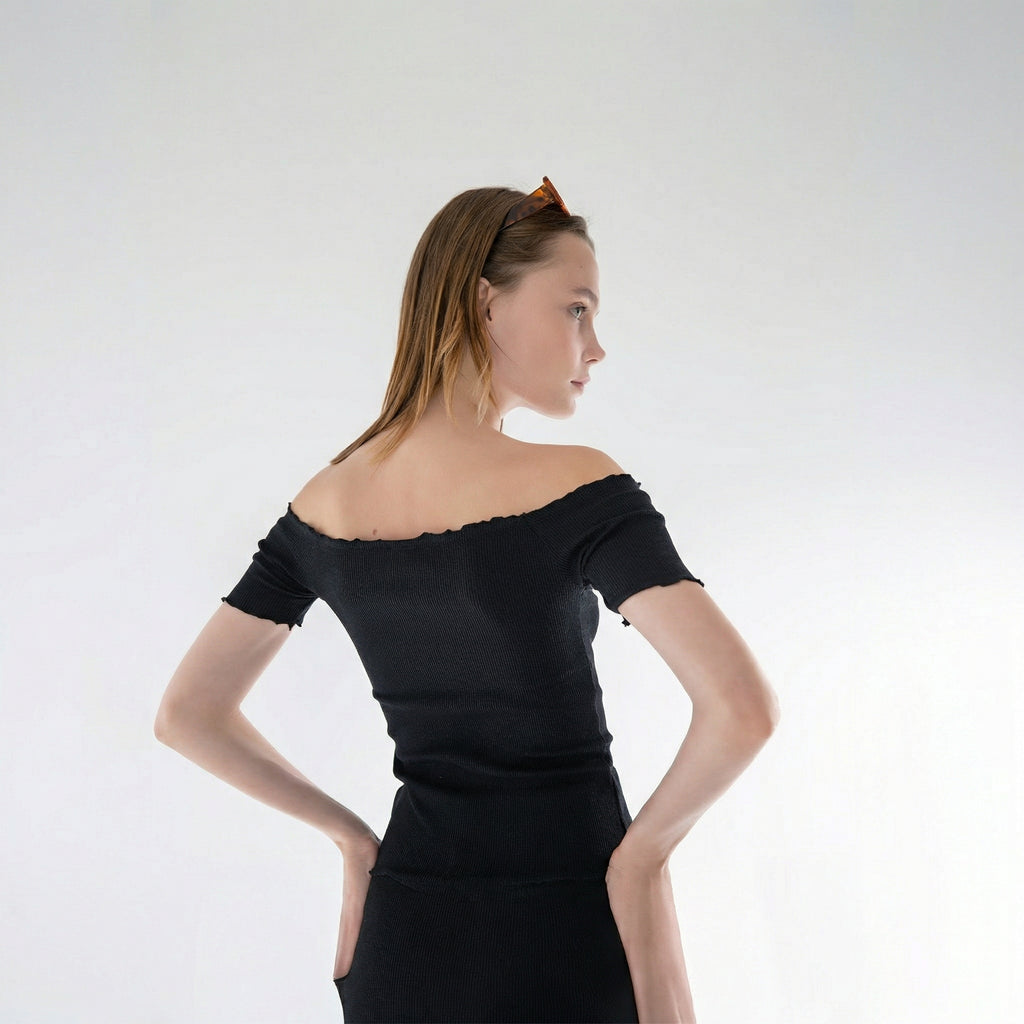 Black Knitted Carmen Collar Off-the-Shoulder Crop Blouse