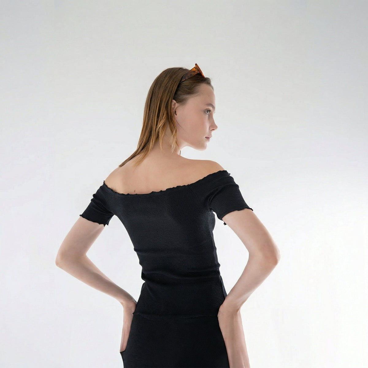 Black Knitted Carmen Collar Off-the-Shoulder Crop Blouse