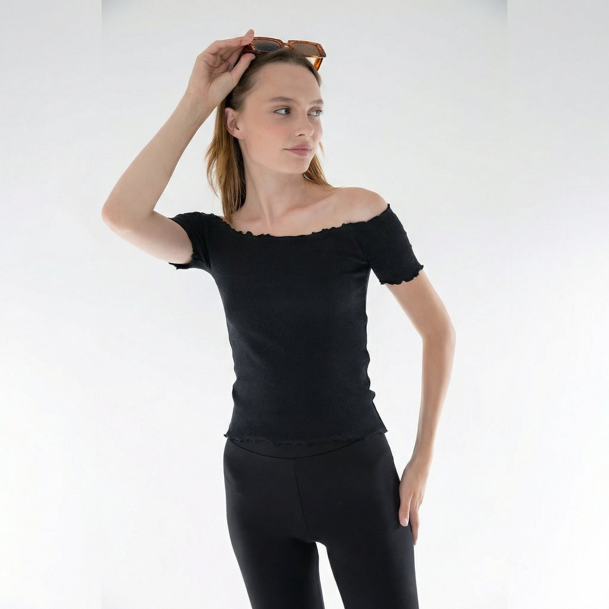 Black Knitted Carmen Collar Off-the-Shoulder Crop Blouse