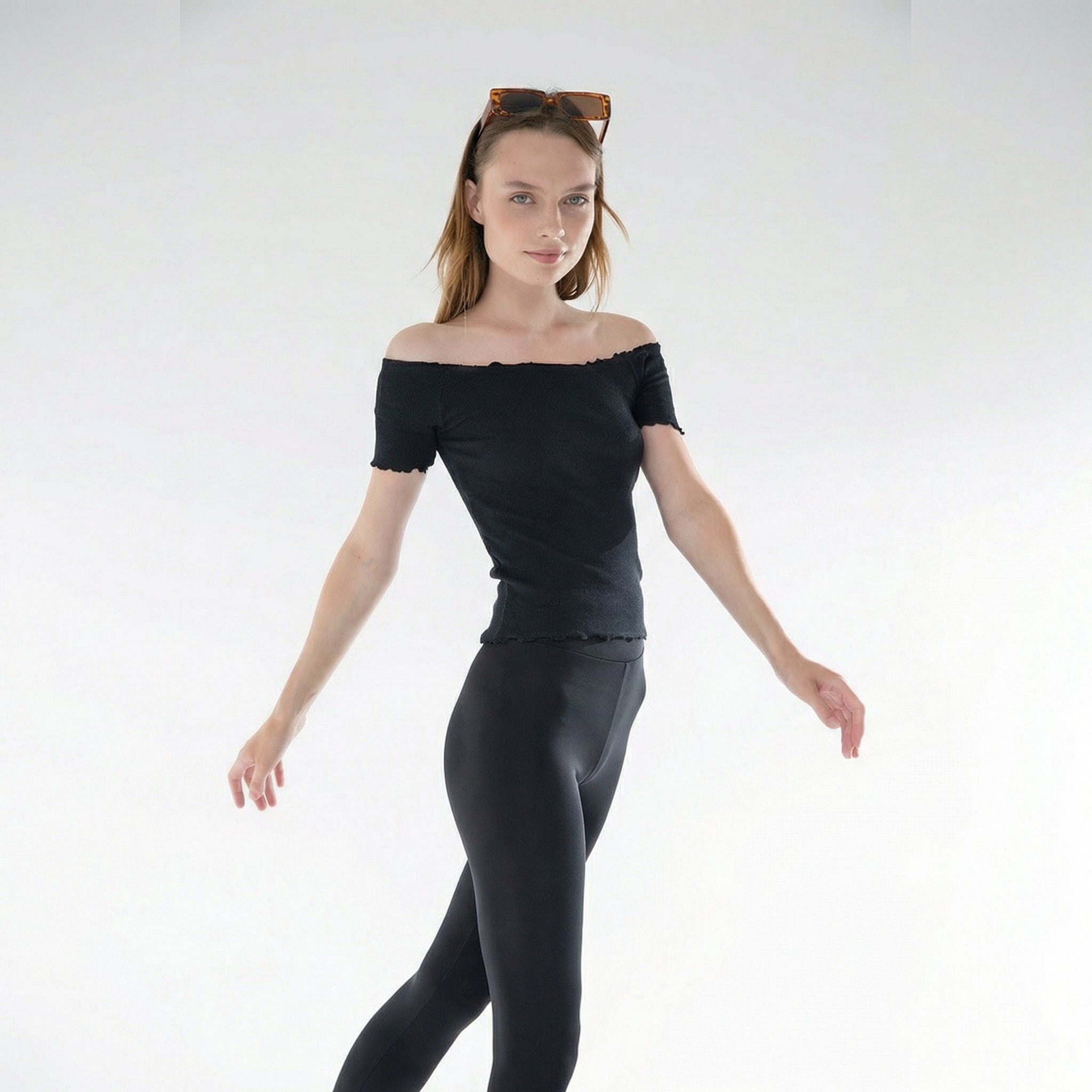 Black Knitted Carmen Collar Off-the-Shoulder Crop Blouse