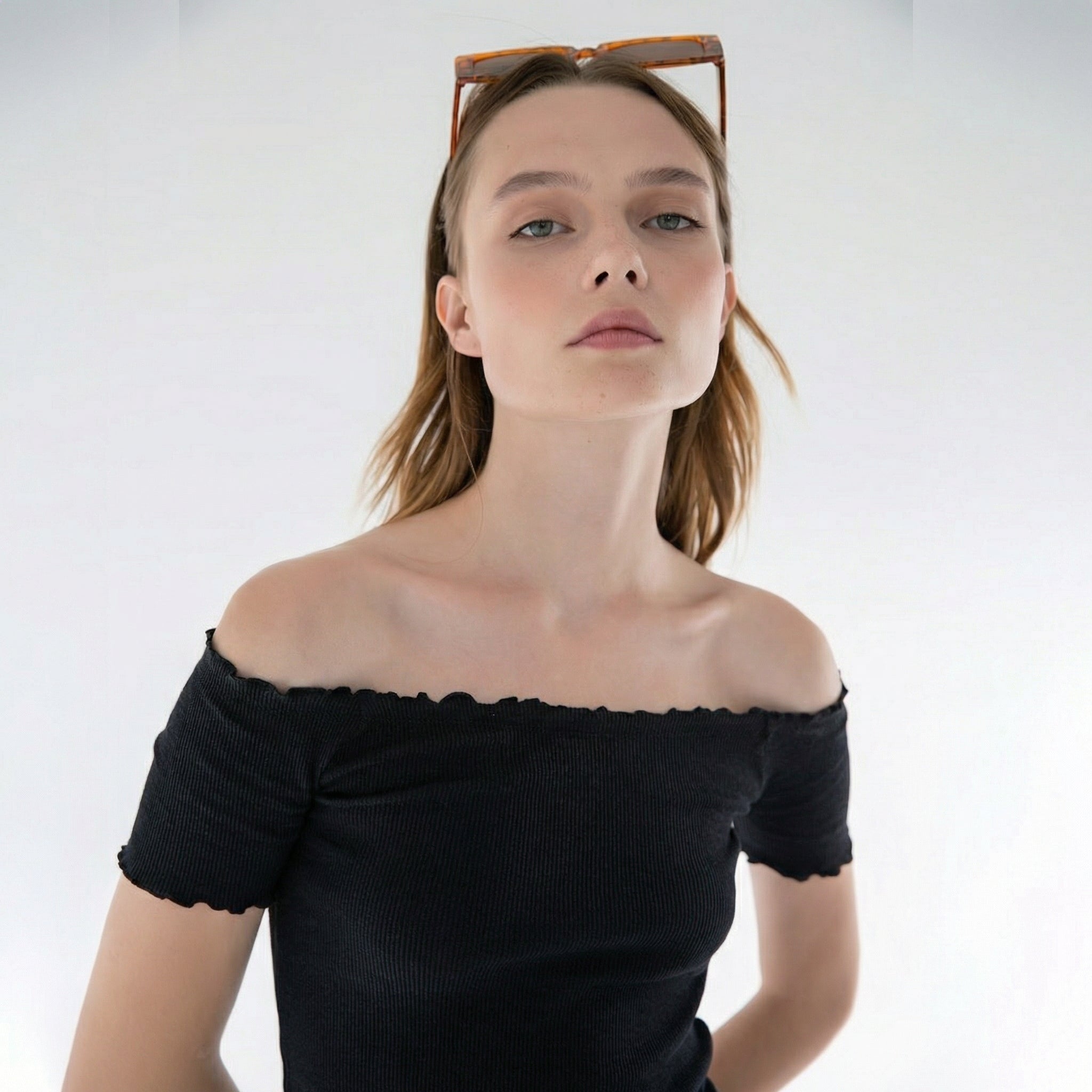 Black Knitted Carmen Collar Off-the-Shoulder Crop Blouse