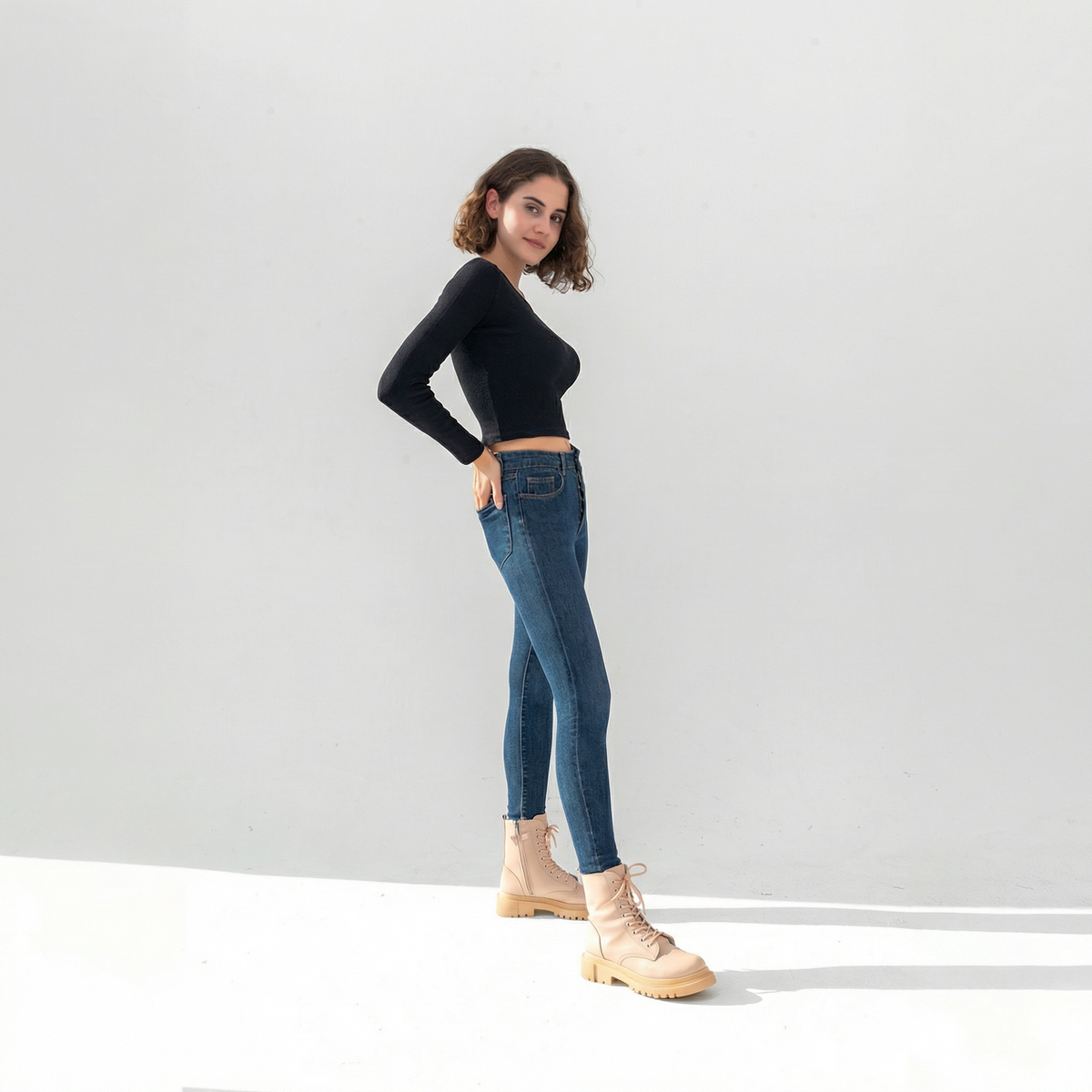 Black Ribbed Long Sleeve Cropped T-Shirt