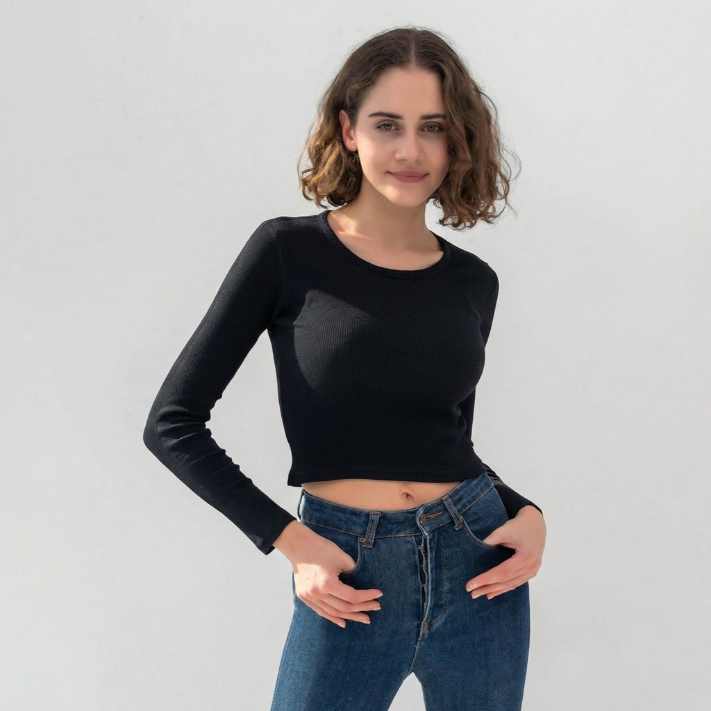 Black Ribbed Long Sleeve Cropped T-Shirt