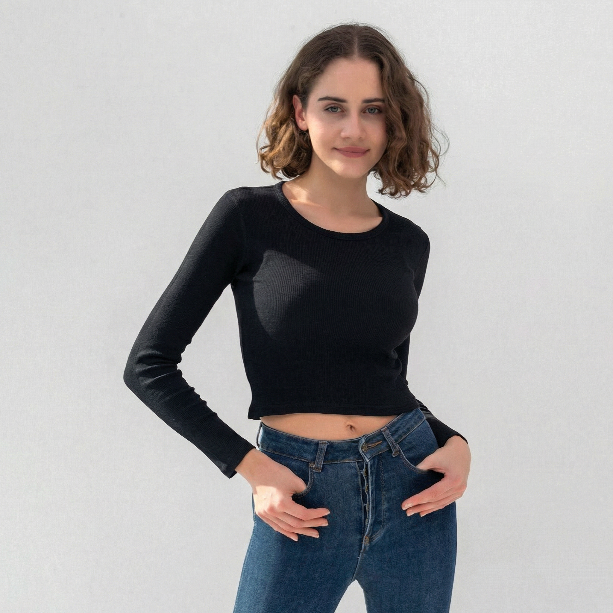 Black Ribbed Long Sleeve Cropped T-Shirt