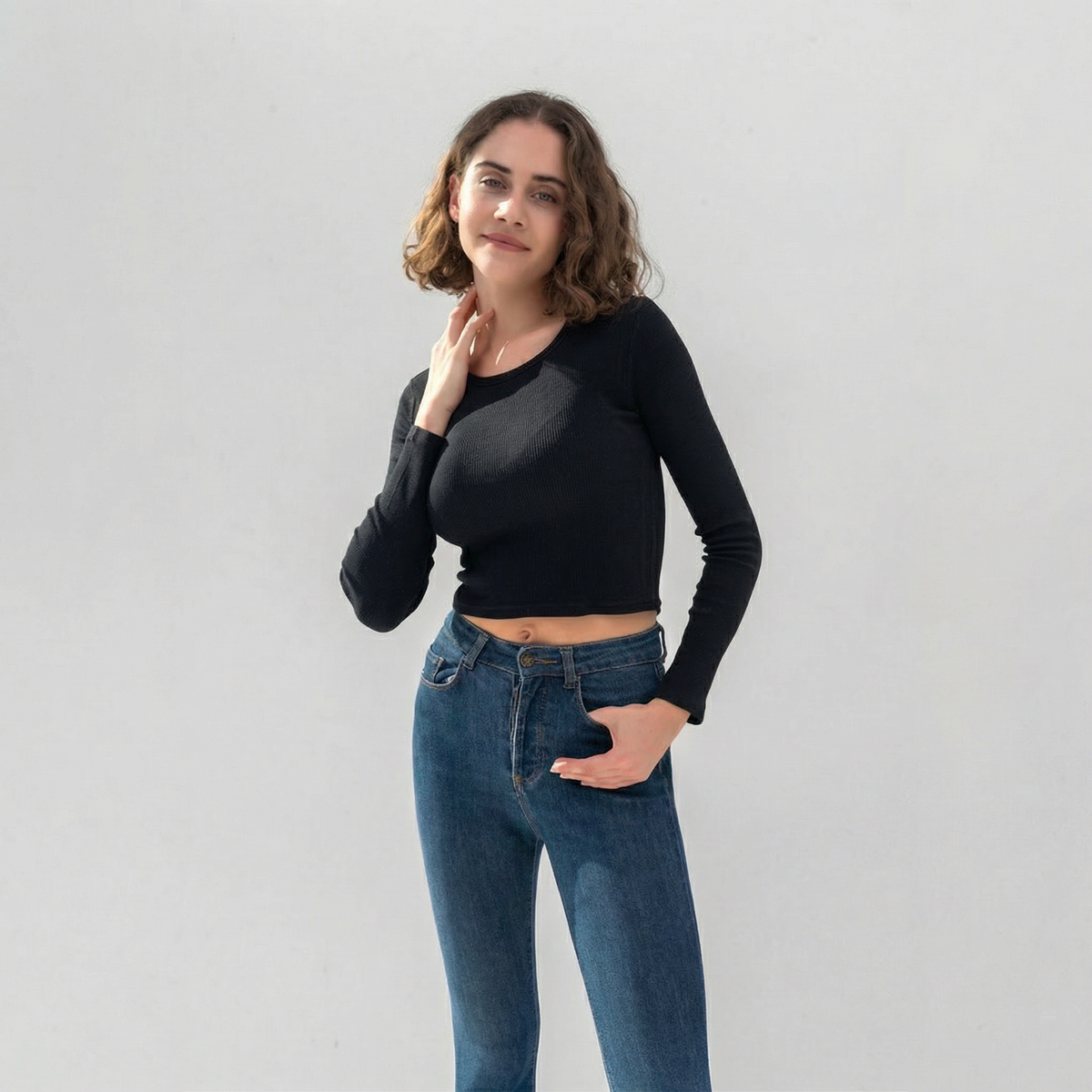 Black Ribbed Long Sleeve Cropped T-Shirt